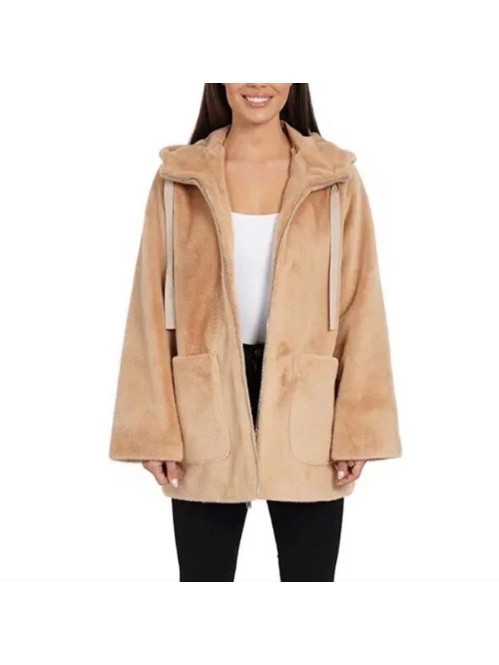Love Token Tan Hooded Faux Fur Jacket, Size XS